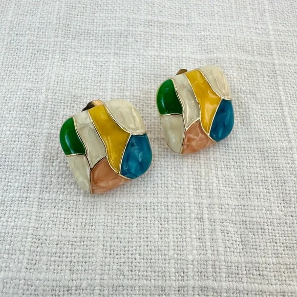 Vintage Colorful Block Earrings Square Geometric Pierced Statement Earrings - Picture 7 of 8